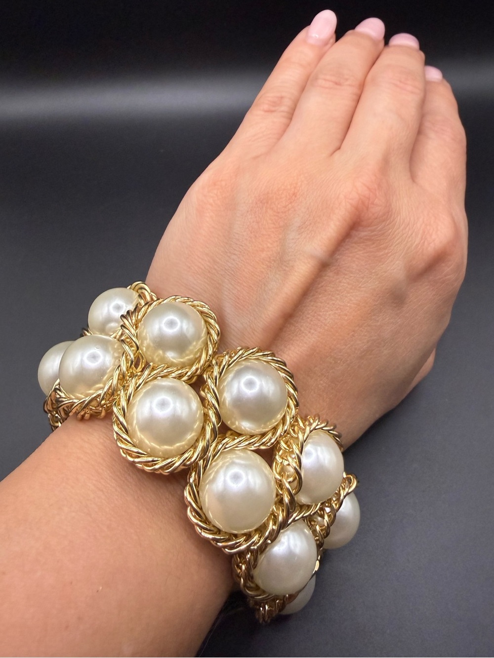 Gold-Tone Faux Pearl Link Stretch Bracelet Bold Statement